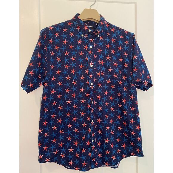 Lands End Button Down Shirt Mens L 16-16 1/2 Red White Blue Starfish shortslve - Picture 1 of 9